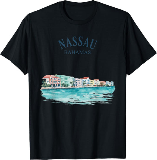 Nassau Bahamas Vintage Watercolor Flag Scenic Beach Travel T-Shirt - T-Shirt | Black