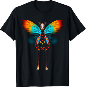 Giraffe Colorful Animal Butterfly Graphic Art Giraffe T-Shirt - T-Shirt | Black