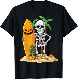 Skeleton Surfing Halloween Hawaii Hawaiian Men Women Surfer T-Shirt - T-Shirt | Black