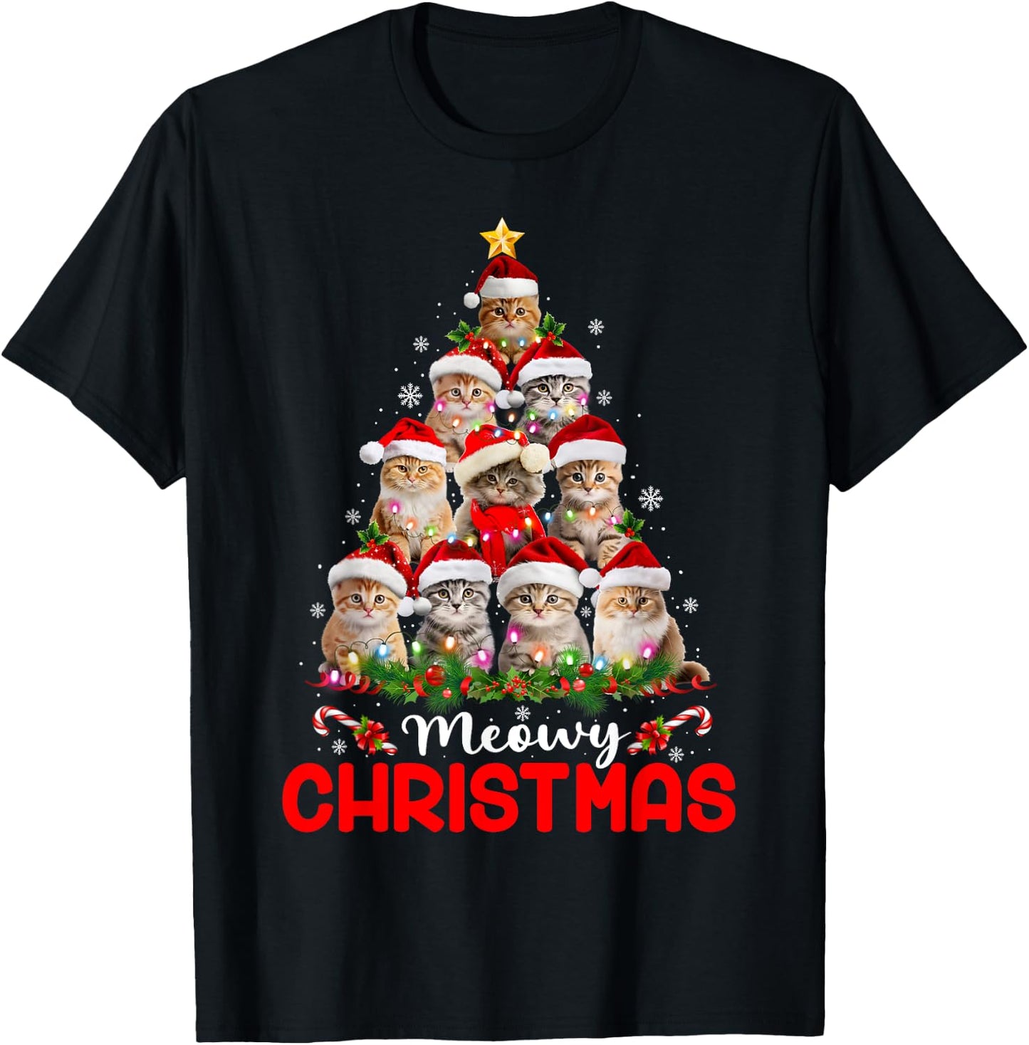 Merry Catmas Cat Christmas Tree Lights Funny Xmas Pajamas Women Kids T-Shirt - T-Shirt | Black