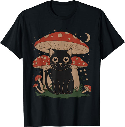 Cat Mushroom Cute Cottagecore Aesthetic Women Kids T-Shirt - T-Shirt | Black