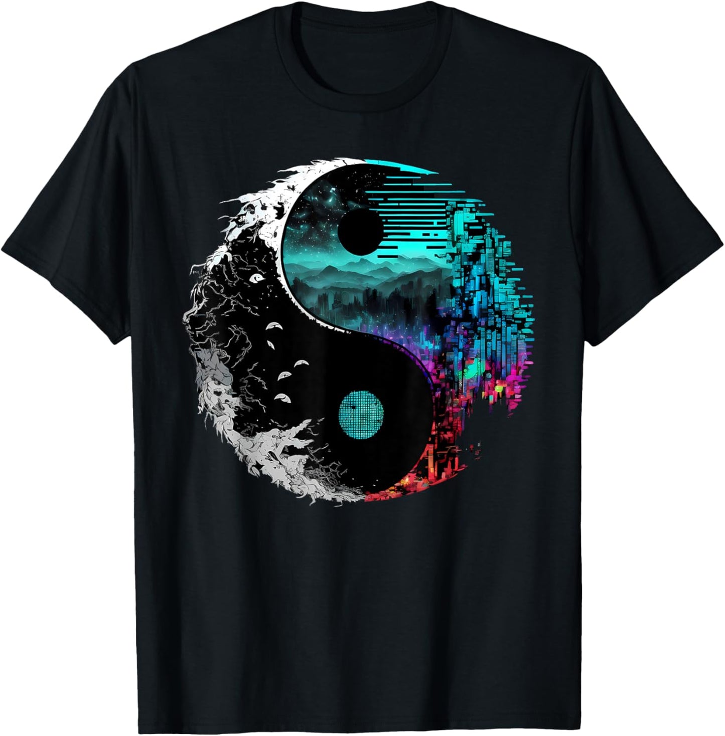 Harmonious Glitch Yin Yang - Black, -Adults, Small T-Shirt - T-Shirt | Black