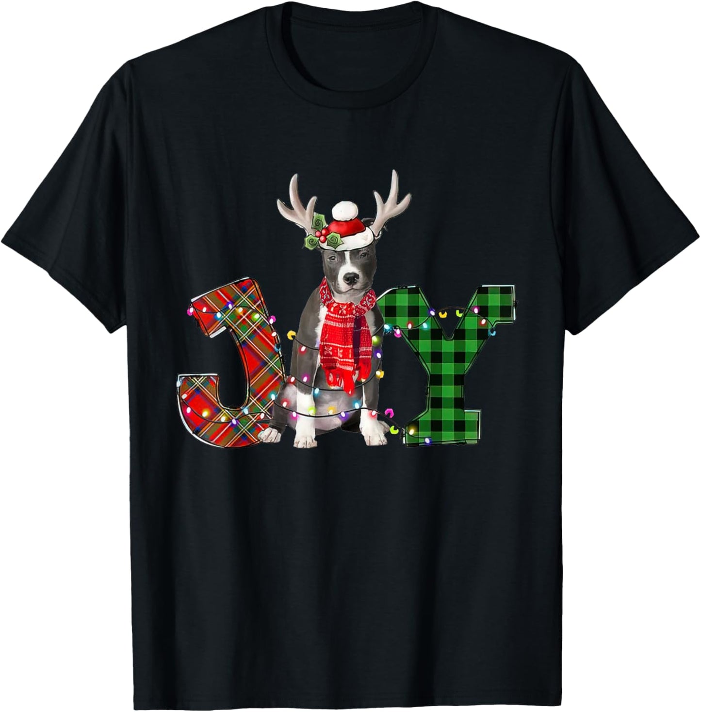 Joy Christmas Lights Blue Nose Pitbull Dog Santa Hat Pajama Men Women Kids T-Shirt - T-Shirt | Black