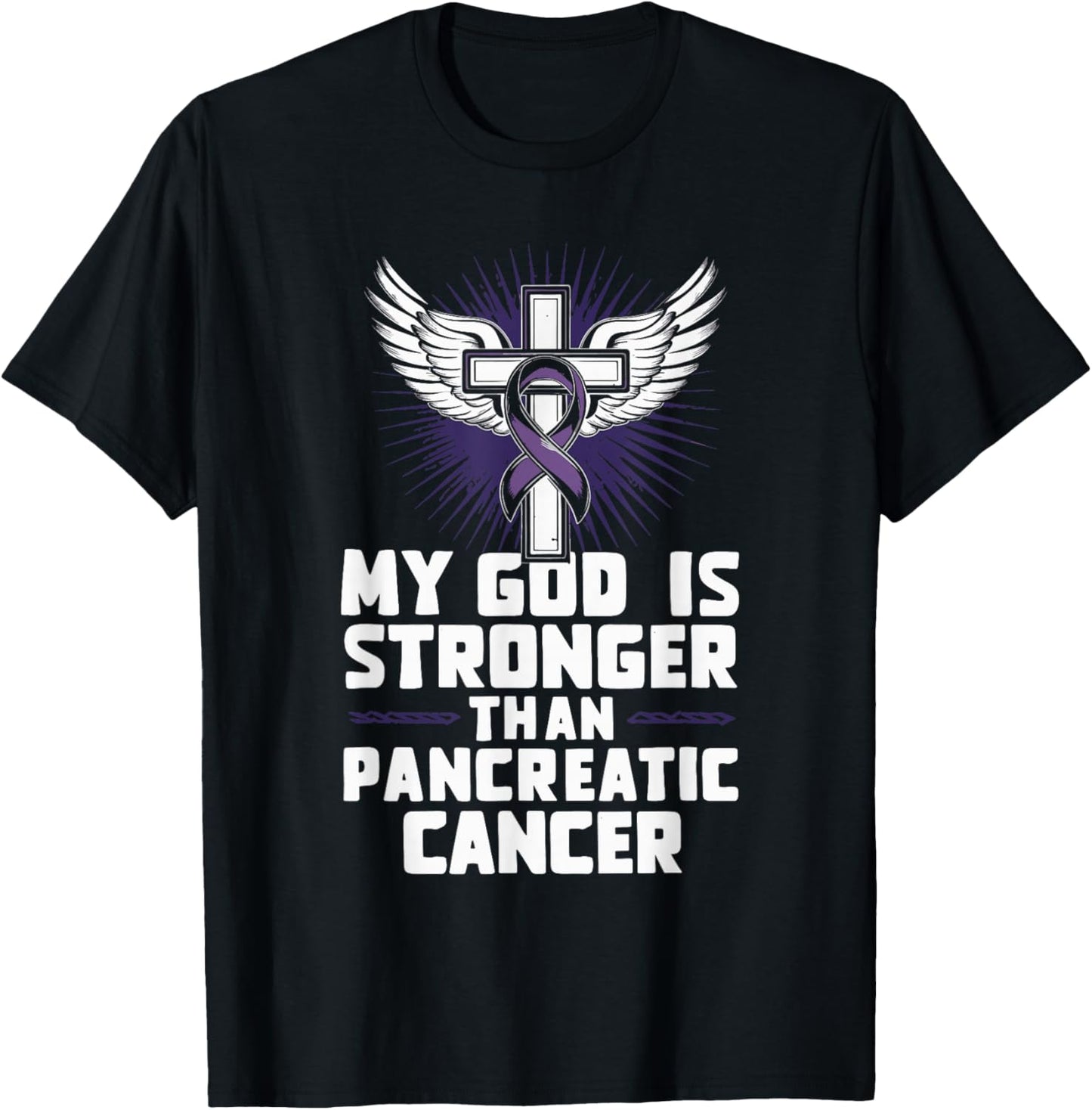 My God Is Stronger Than Pancreatic Cancer Purple Ribbon T-Shirt - T-Shirt | Black