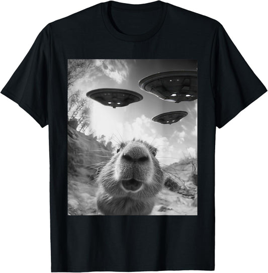 Funny Capybara Selfie with UFOs Weird Alien UFO T-Shirt - T-Shirt | Black