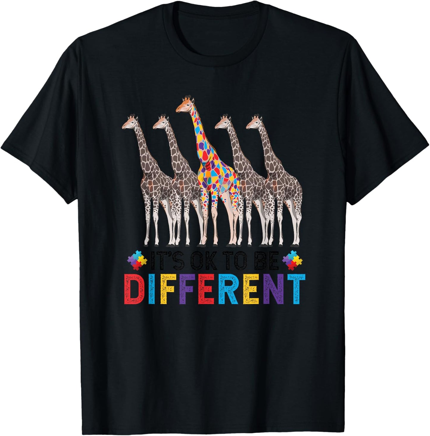 Autism Awareness Cute Giraffe Animal It's Ok To Be Different T-Shirt - T-Shirt | Black