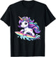 Unicorn Riding Surfboard Boys Girls Women Kids Teens Rainbow T-Shirt - T-Shirt | Black