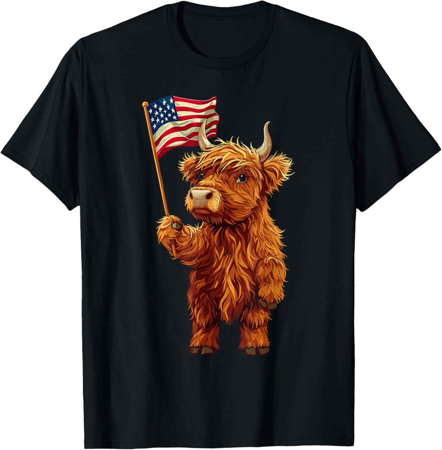 Highland Cow Patriotic Farmer 4th Of July USA American Flag Men T-Shirt - T-Shirt | Black