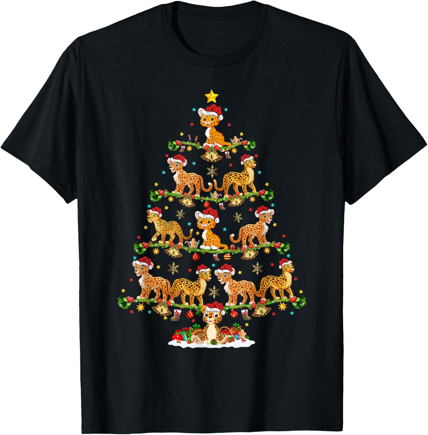 Cheetah Lover Lights Xmas Santa Cheetah Christmas Tree T-Shirt - T-Shirt | Black