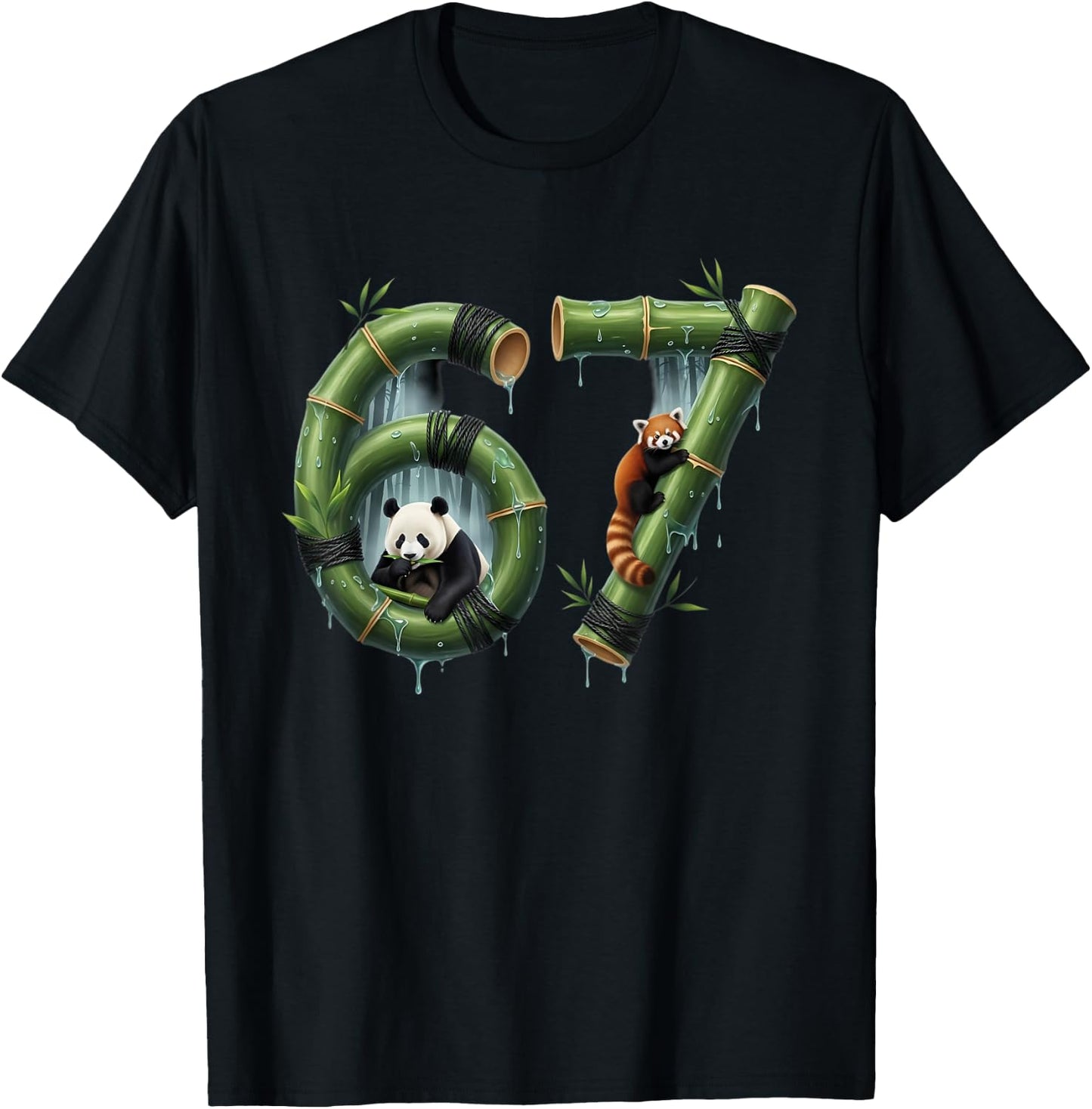 Six Seven Bamboo Design Panda Number 67 Jungle Art T-Shirt - T-Shirt | Black