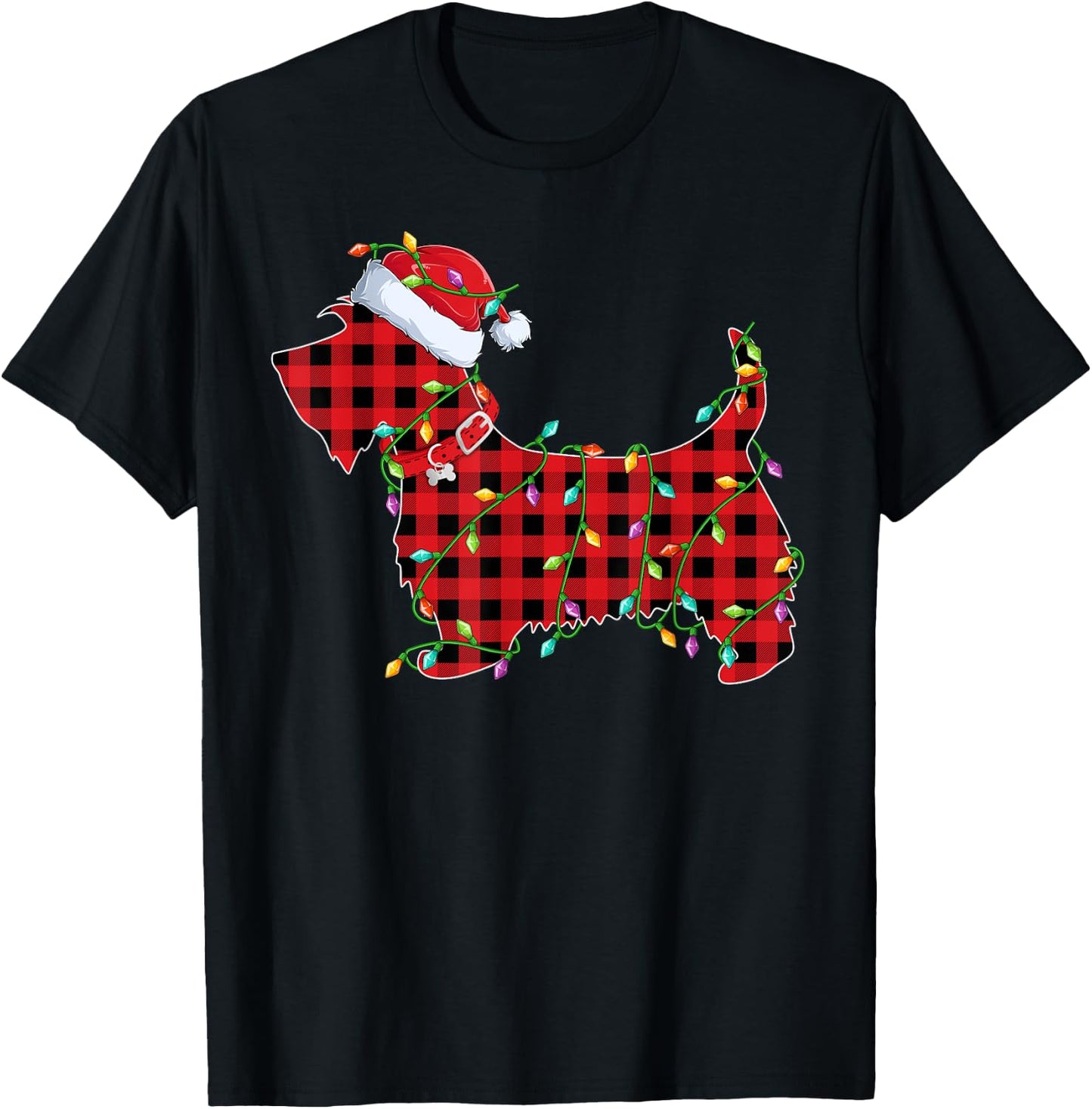 Xmas Lighting Matching Buffalo Plaid Scottie Dog Christmas T-Shirt - T-Shirt | Black