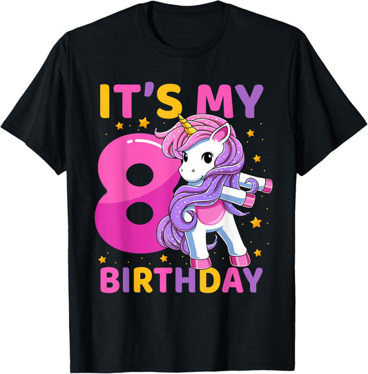 8 Years Old Unicorn Flossing 8th Birthday Party Girls Kids T-Shirt - T-Shirt | Black