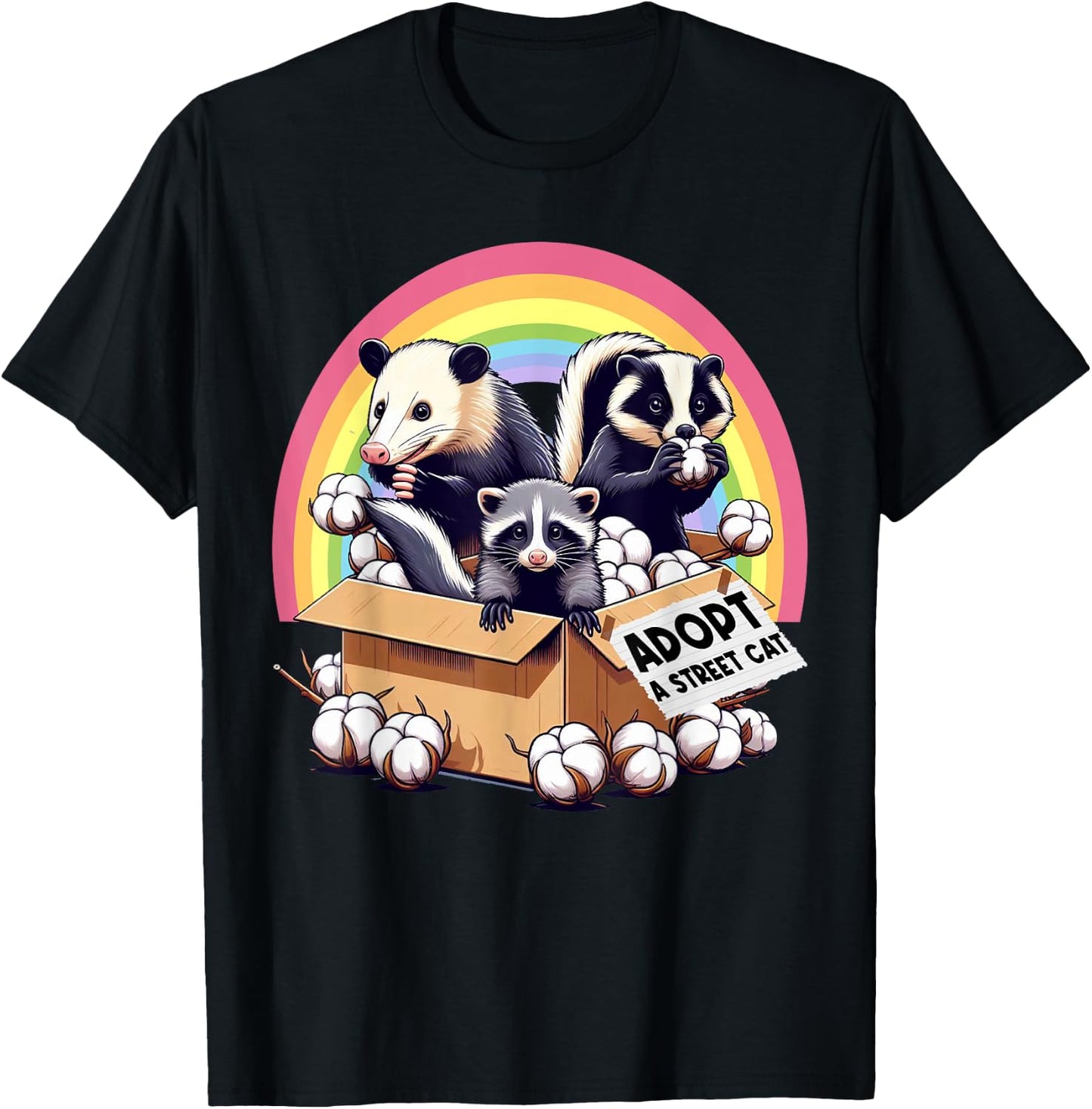 Adopt A Street Cat Funny Opossum Raccoon Skunk Vintage T-Shirt - T-Shirt | Black