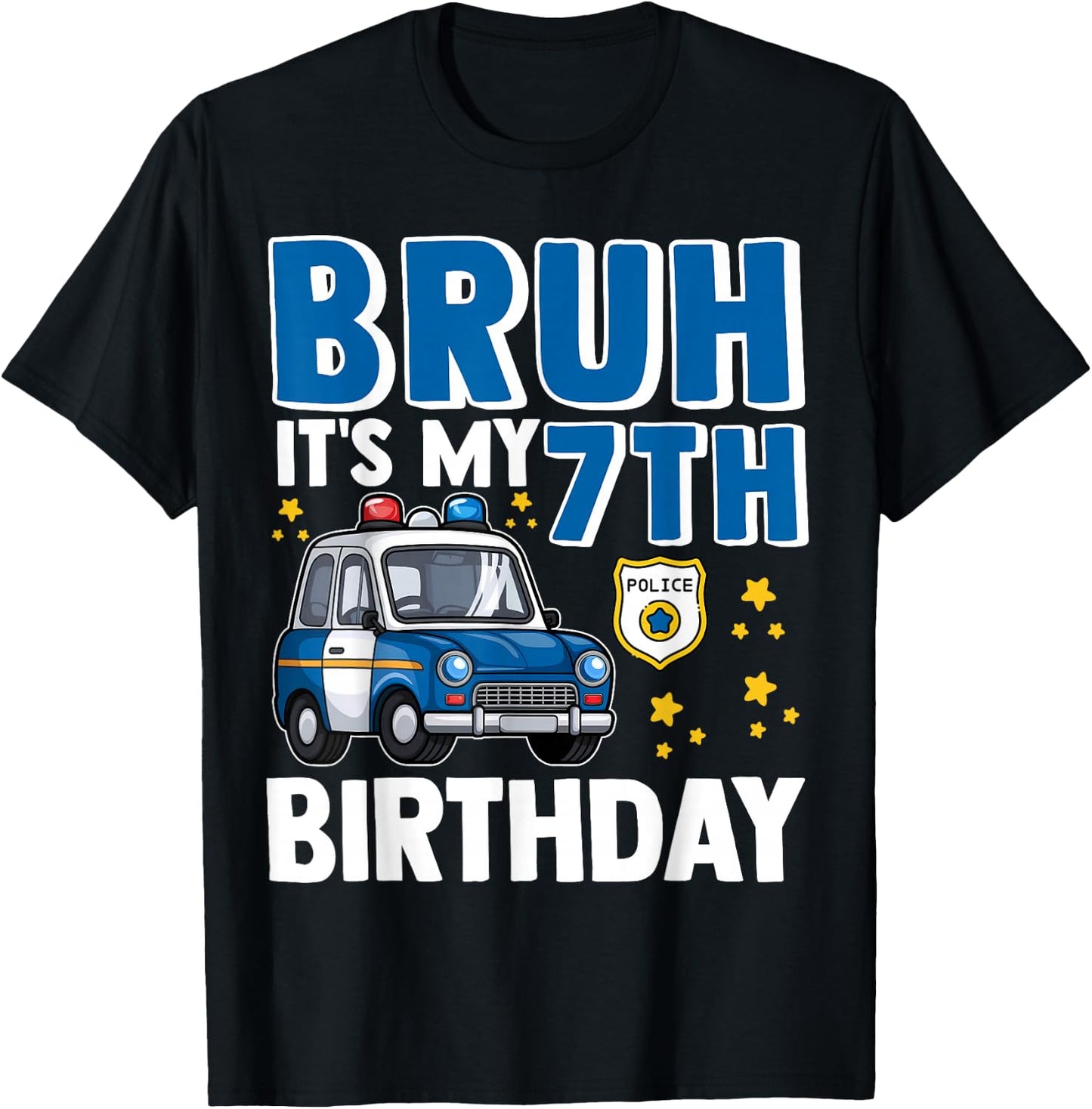 Seven 7th Police Car Birthday Boy Cop Policeman 7 Years Old T-Shirt - T-Shirt | Black