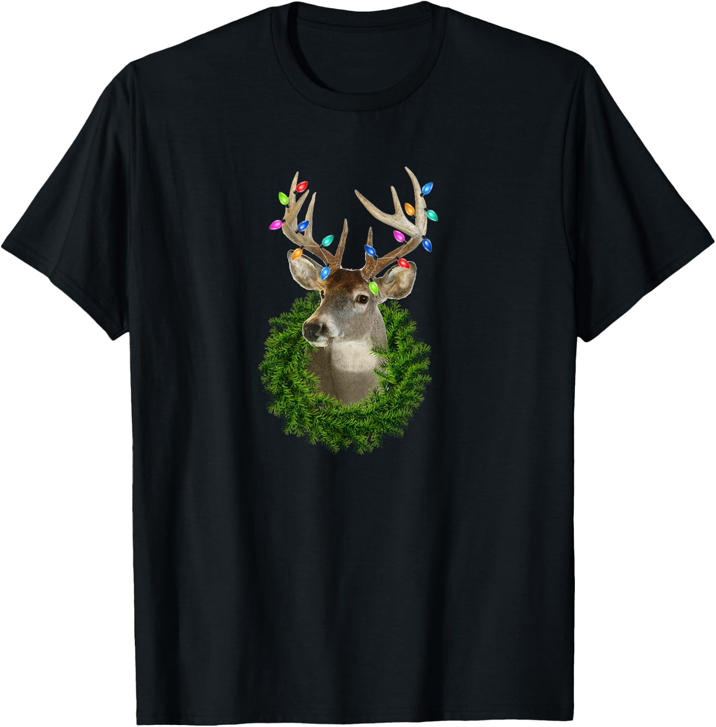 Deer Hunting Whitetail Christmas Lights Trophy Buck Wreath T-Shirt - T-Shirt | Black