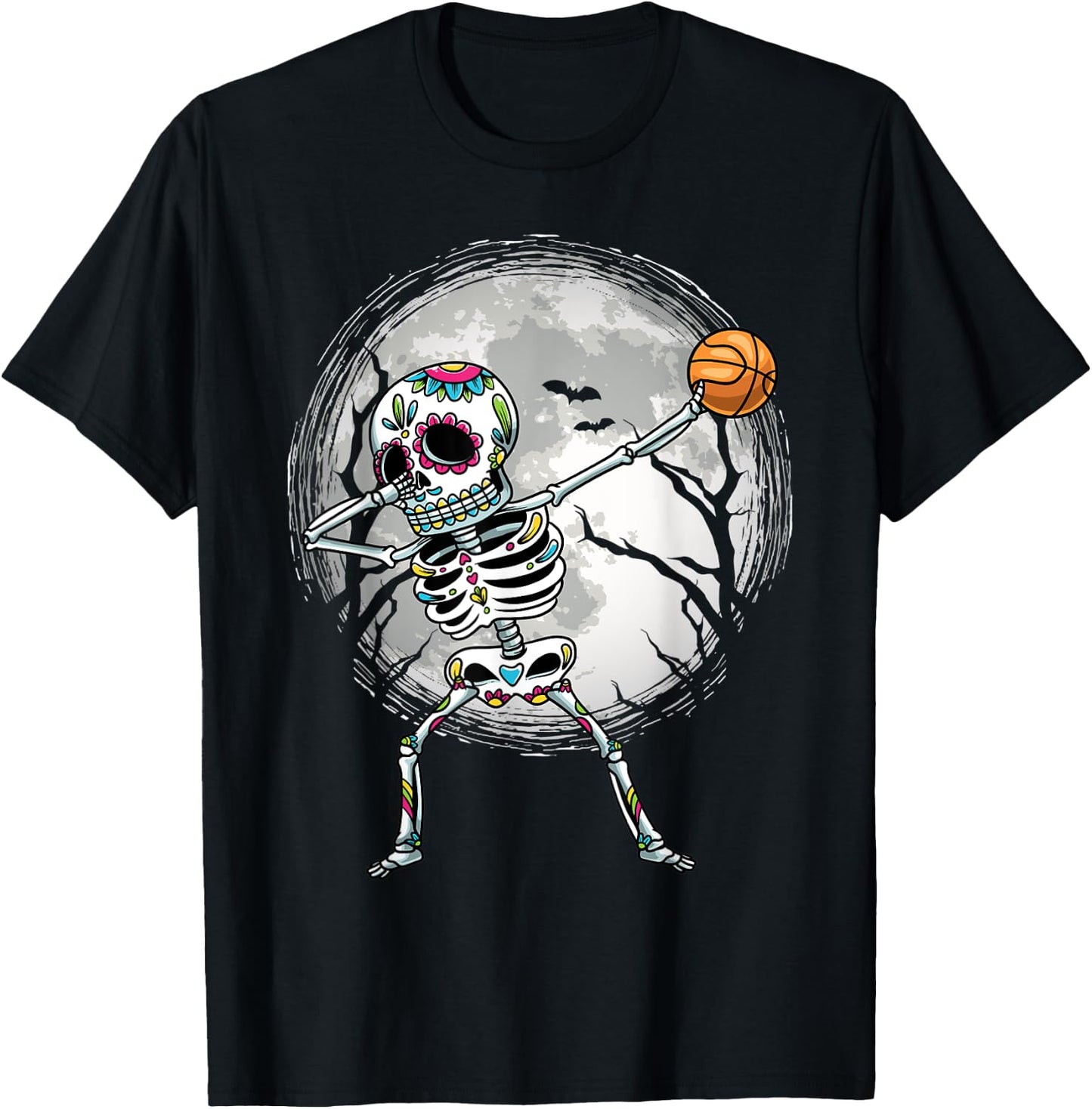 Dabbing Sugar Skull Skeleton Basketball Dia De Los Muertos T-Shirt - T-Shirt | Black