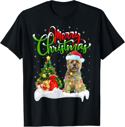 Xmas Tree Lights Santa Hat Cairn Terrier Dog Christmas Women Kids T-Shirt - T-Shirt | Black