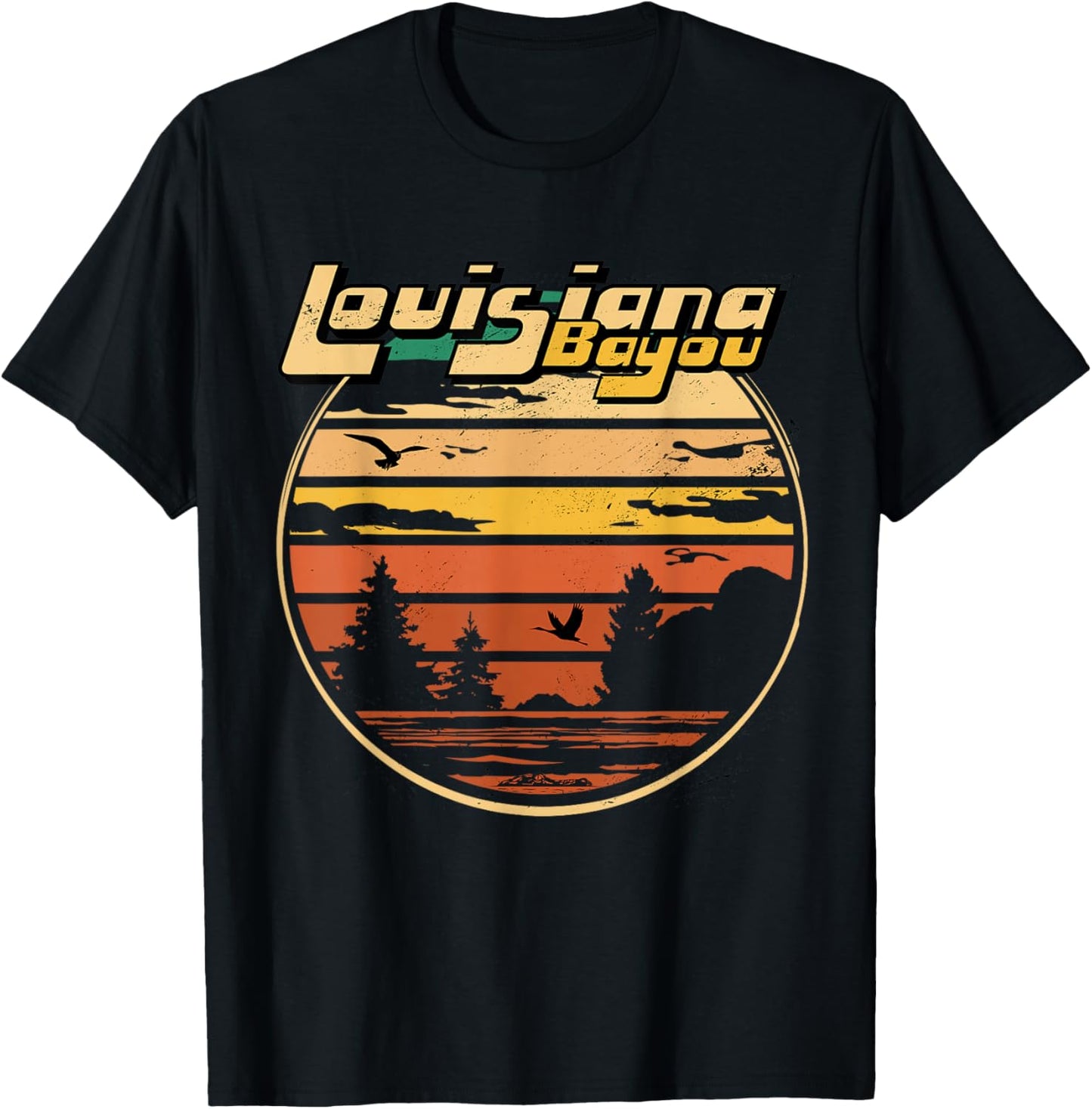 Louisiana Bayou Retro Vintage Distressed Swamp Landscape T-Shirt - T-Shirt | Black