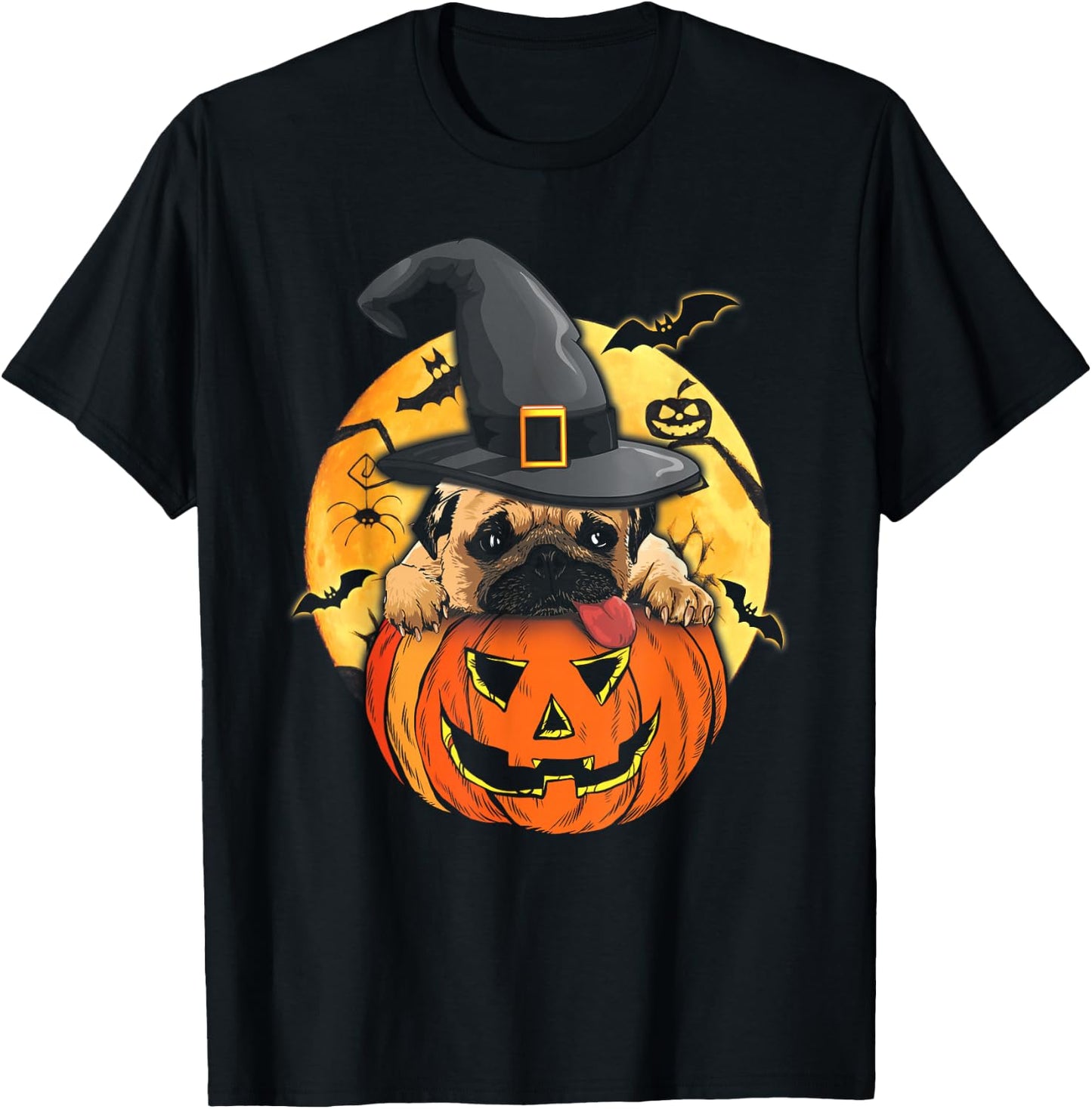 Halloween Pug Dog Witch Hat Pumpkin Pugkin Pug Dog Lovers T-Shirt - T-Shirt | Black
