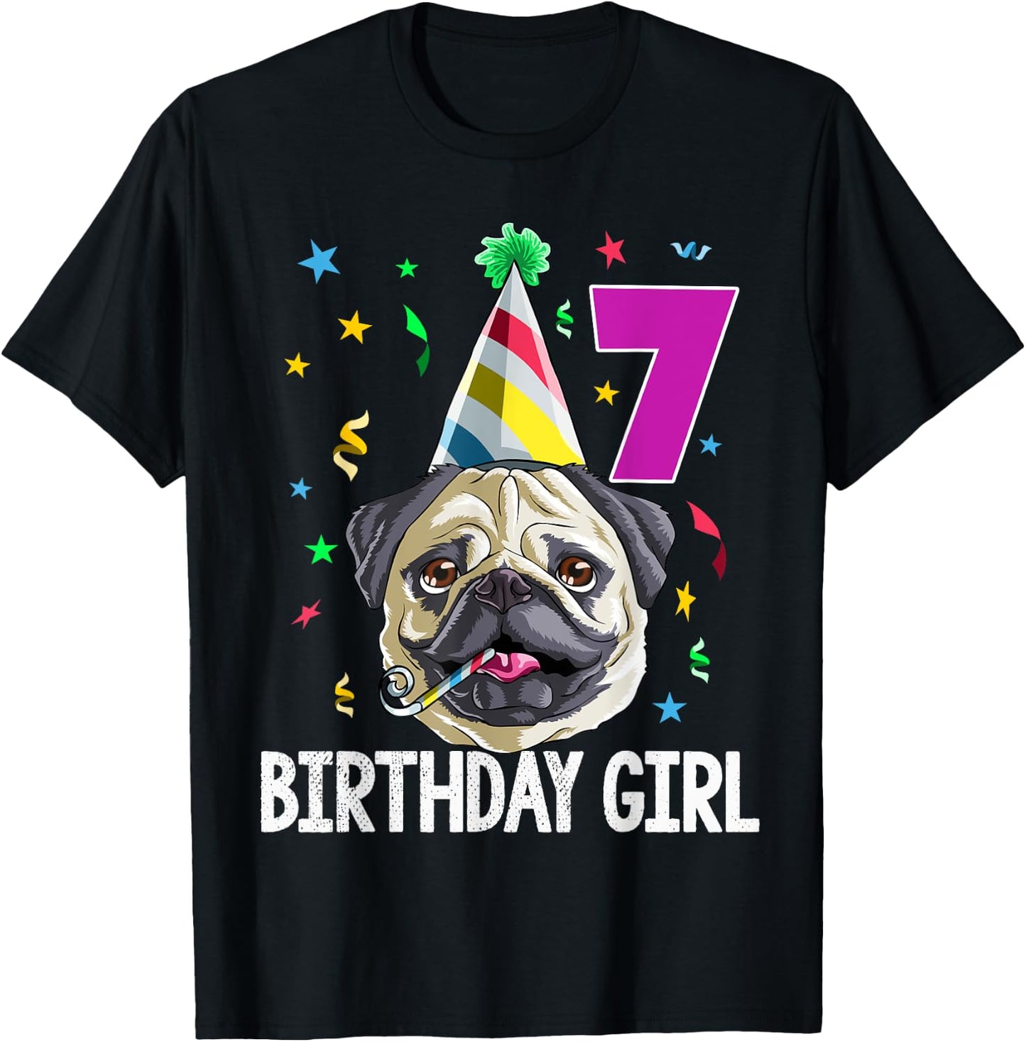 Pug Birthday Girl 7th 7 T Shirt Kids Girls Gift Party T-Shirt - T-Shirt | Black
