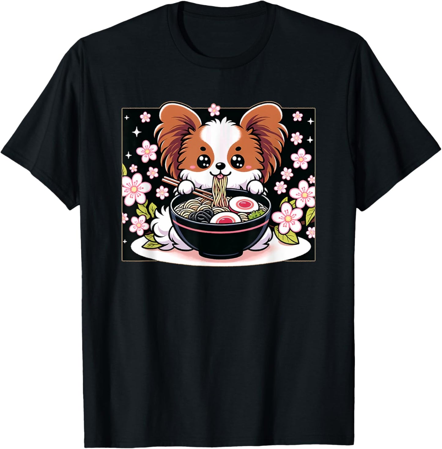 Kawaii Papillon dog Eating Ramen T-Shirt - T-Shirt | Black