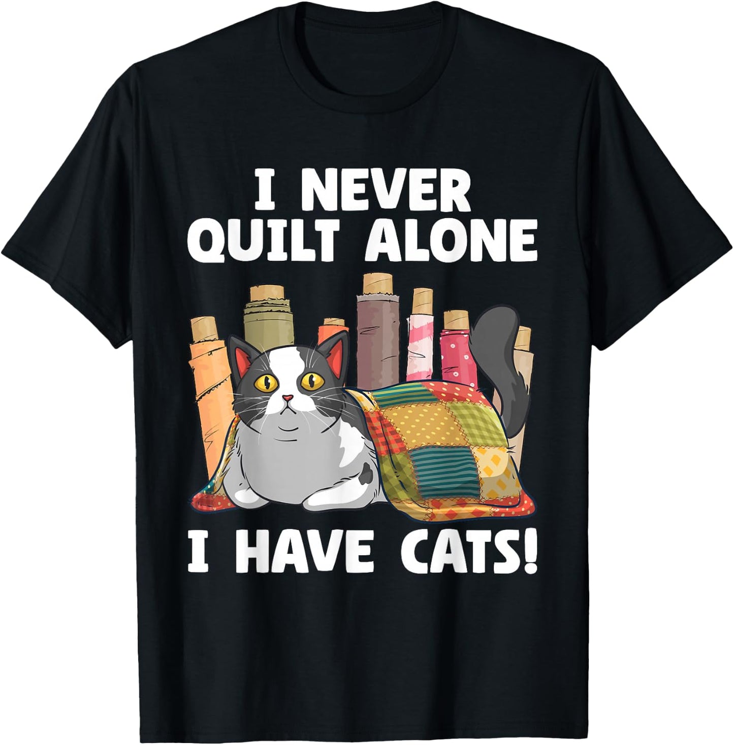 Funny Quilting Art Women Cat Quilt Sewing Quilter T-Shirt - T-Shirt | Black