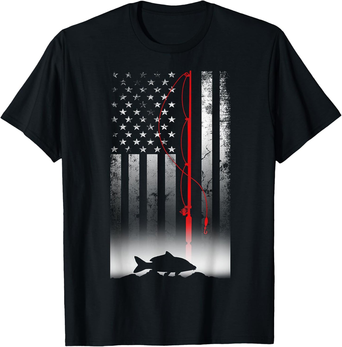 Fishing Pole American Flag Gift Patriotic Fisherman T-Shirt - T-Shirt | Black
