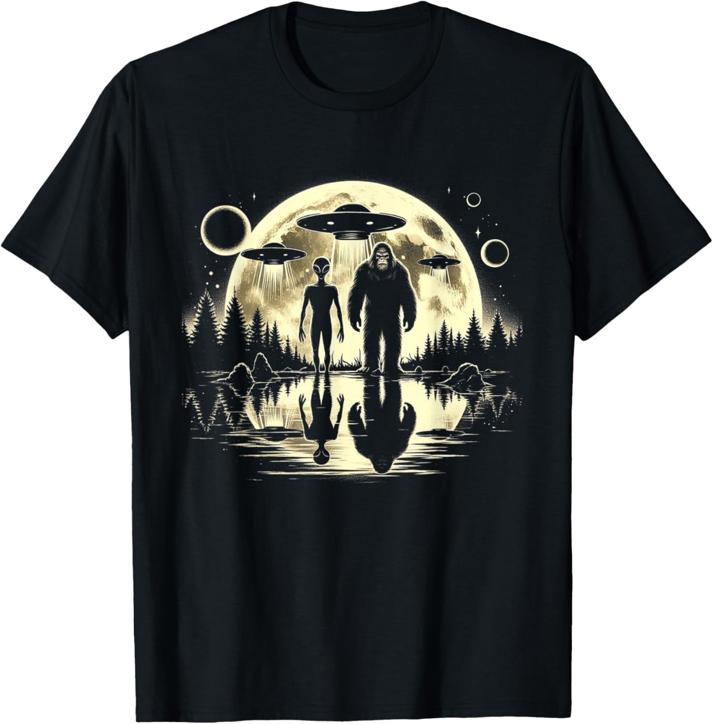 Bigfoot and Alien Moon UFO Extraterrestrial Sasquatch Gifts T-Shirt - T-Shirt | Black