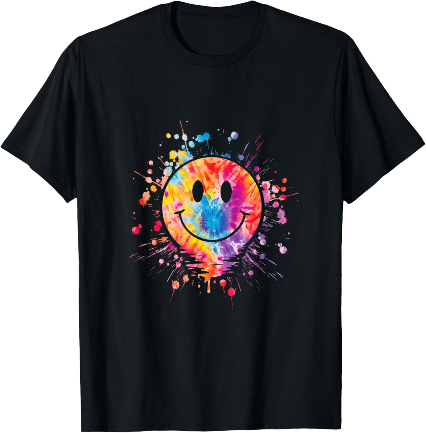 Retro Happy Face Rainbow Tie Dye Splatter 70s Peace Smile , Black, S T-Shirt - T-Shirt | Black
