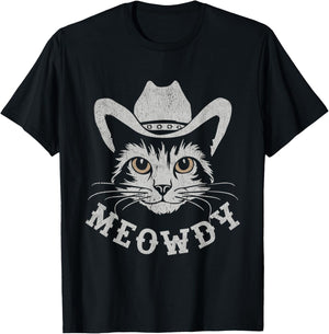 Retro Cowboy Hat Farmer Gifts For Cowgirls Cowboys Meowdy Cat Horse Rider Men Women Kids T-Shirt - T-Shirt | Black