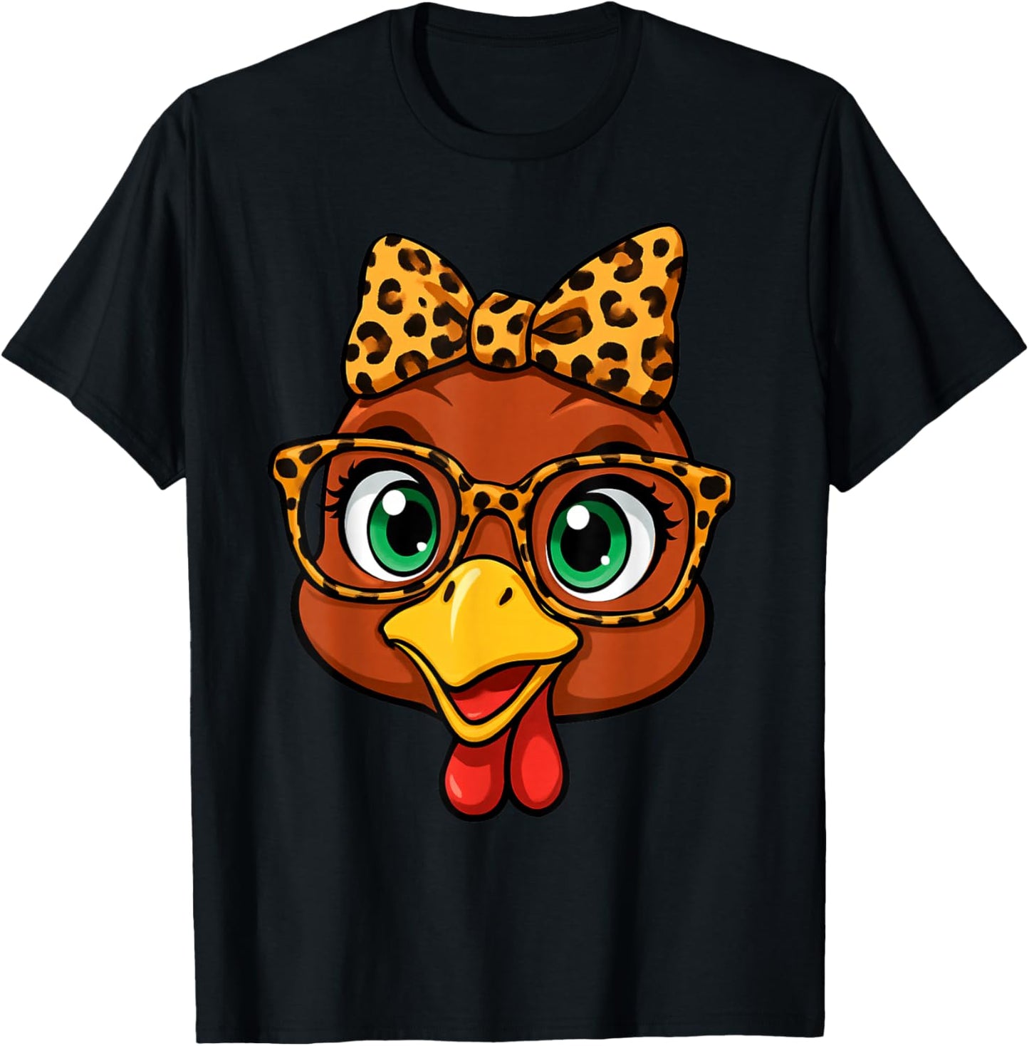 Thanksgiving Turkey Face Leopard with Glasses Bow Women Girl T-Shirt - T-Shirt | Black