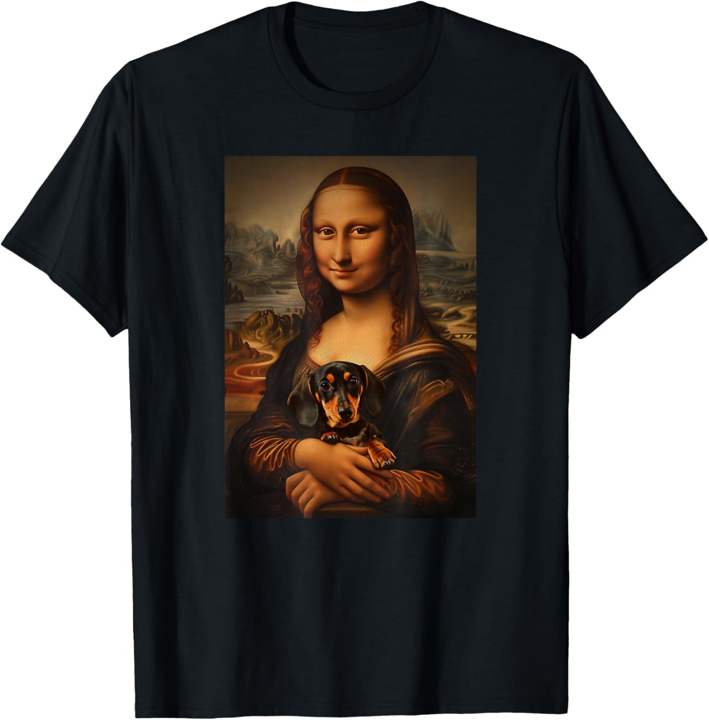 Dachshund Doxie Mona Lisa Painting Art Dog Mom Dad T-Shirt - T-Shirt | Black