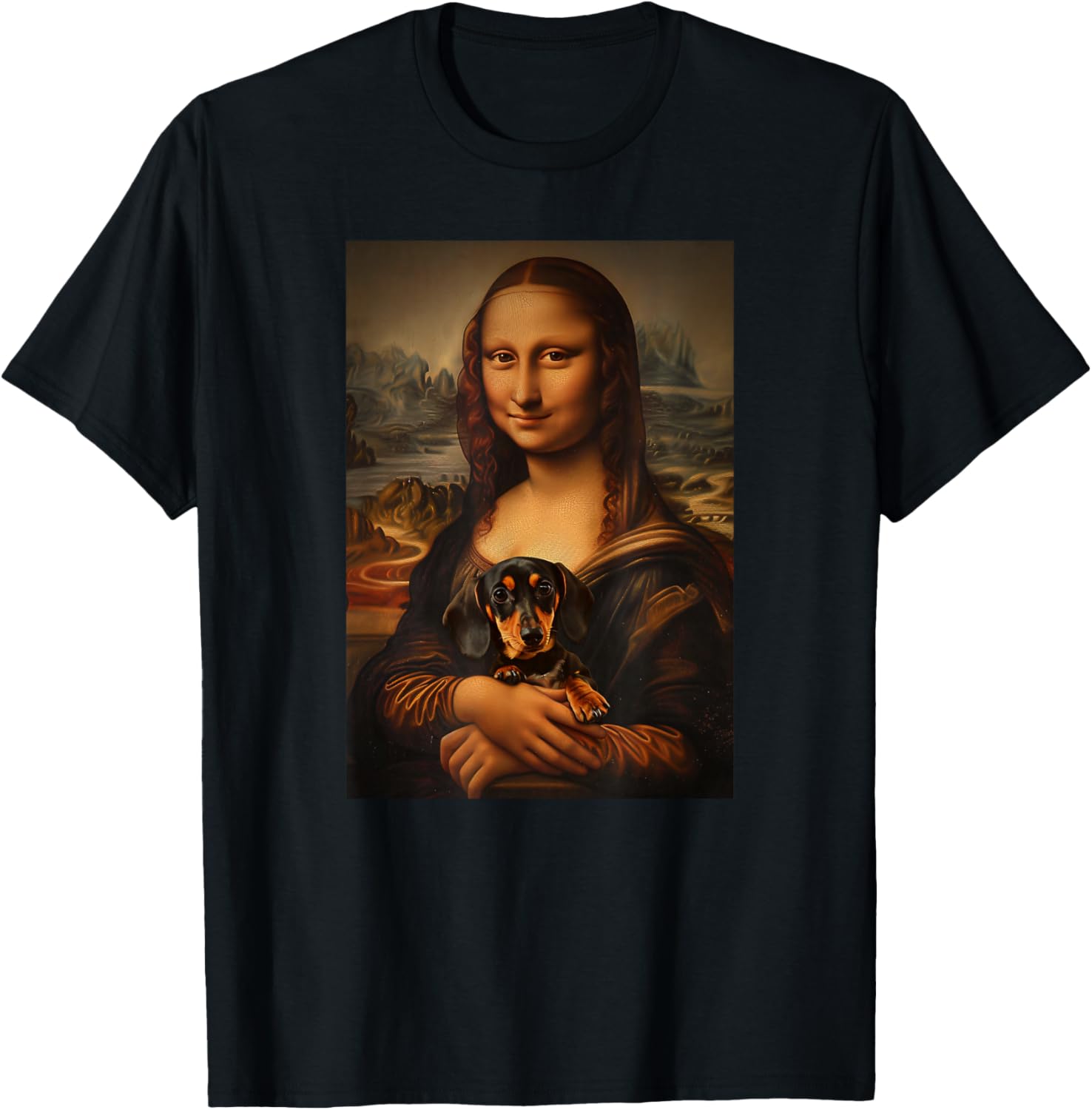 Dachshund Doxie Mona Lisa Painting Art Dog Mom Dad T-Shirt - T-Shirt | Black