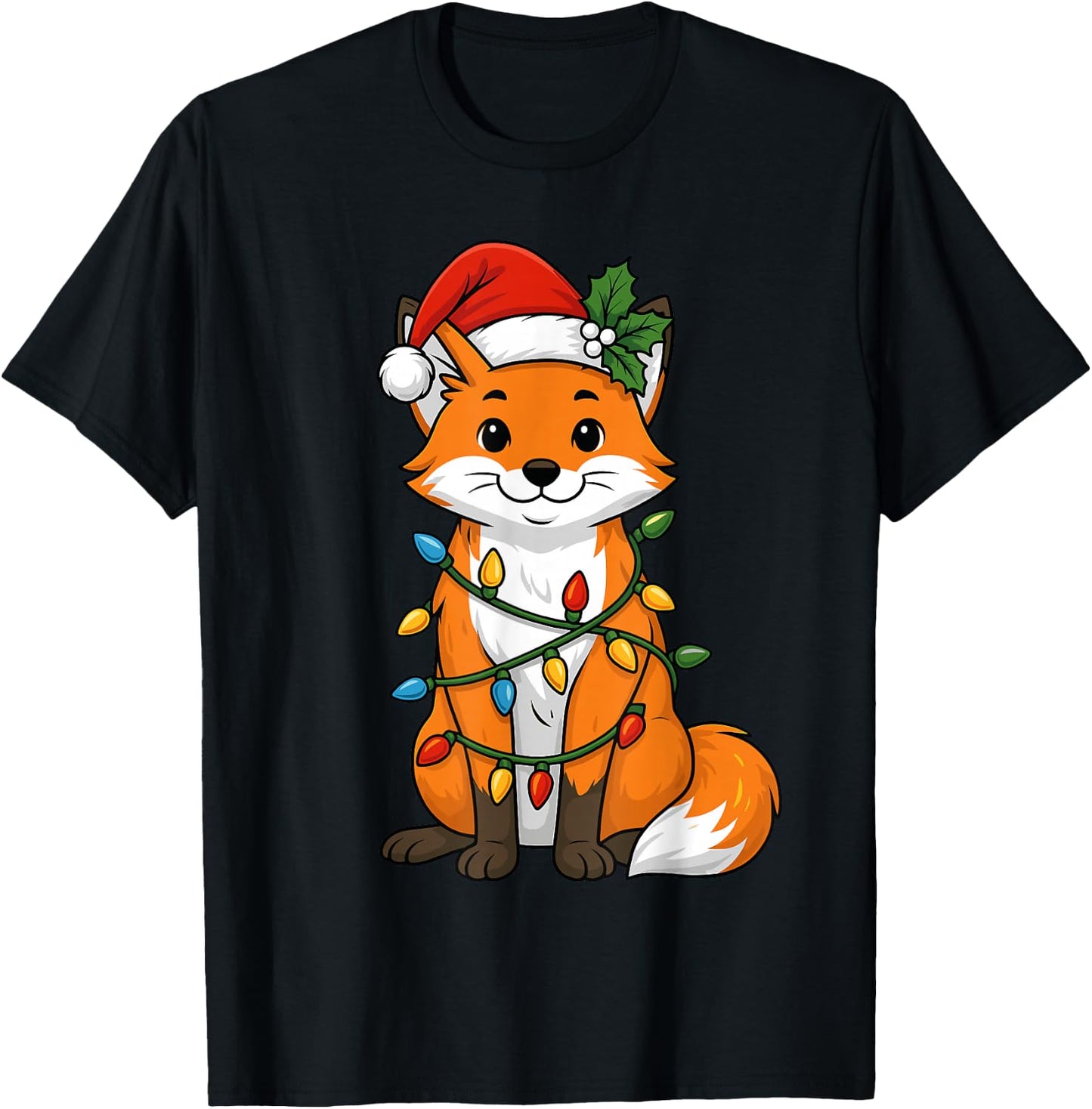 Fox Christmas Tree Lights Pajamas Girls Boys Xmas T-Shirt - T-Shirt | Black