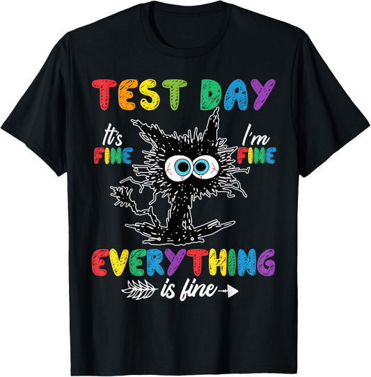 Test Day Funny Stressed Cat Teacher Student Kids Testing Day T-Shirt - T-Shirt | Black