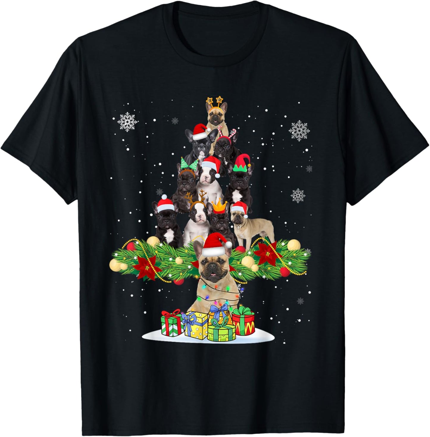 Ugly Sweater Christmas Tree French Bulldog Dog Xmas Lights Men Women Kids T-Shirt - T-Shirt | Black