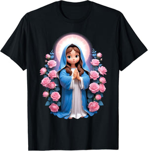 Blessed Mother Mary Mother of Jesus Roses Our Lady Catholic T-Shirt - T-Shirt | Black