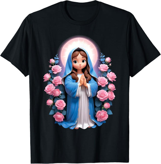 Blessed Mother Mary Mother of Jesus Roses Our Lady Catholic T-Shirt - T-Shirt | Black