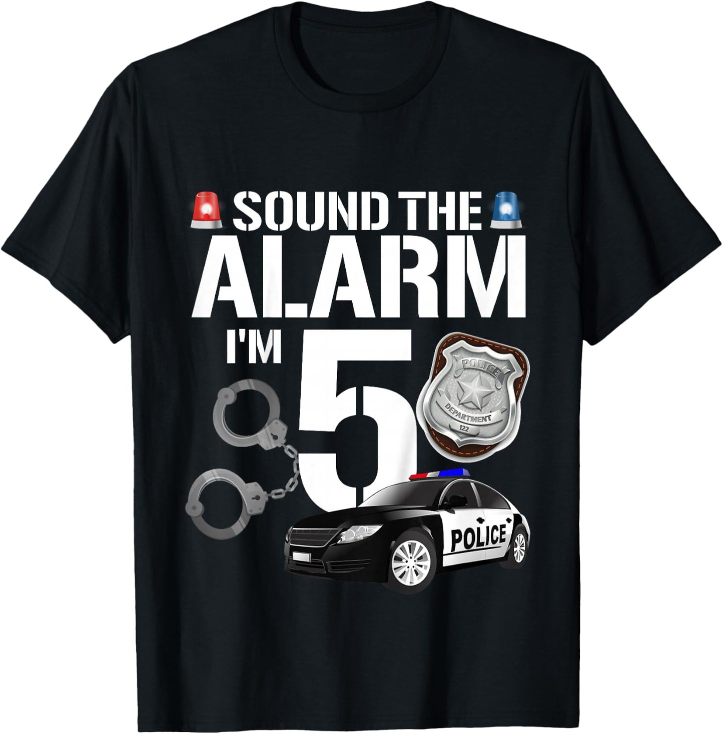 Kids 5 Year Old Police Birthday Officer Cop Car 5th Gift Boy T-Shirt - T-Shirt | Black