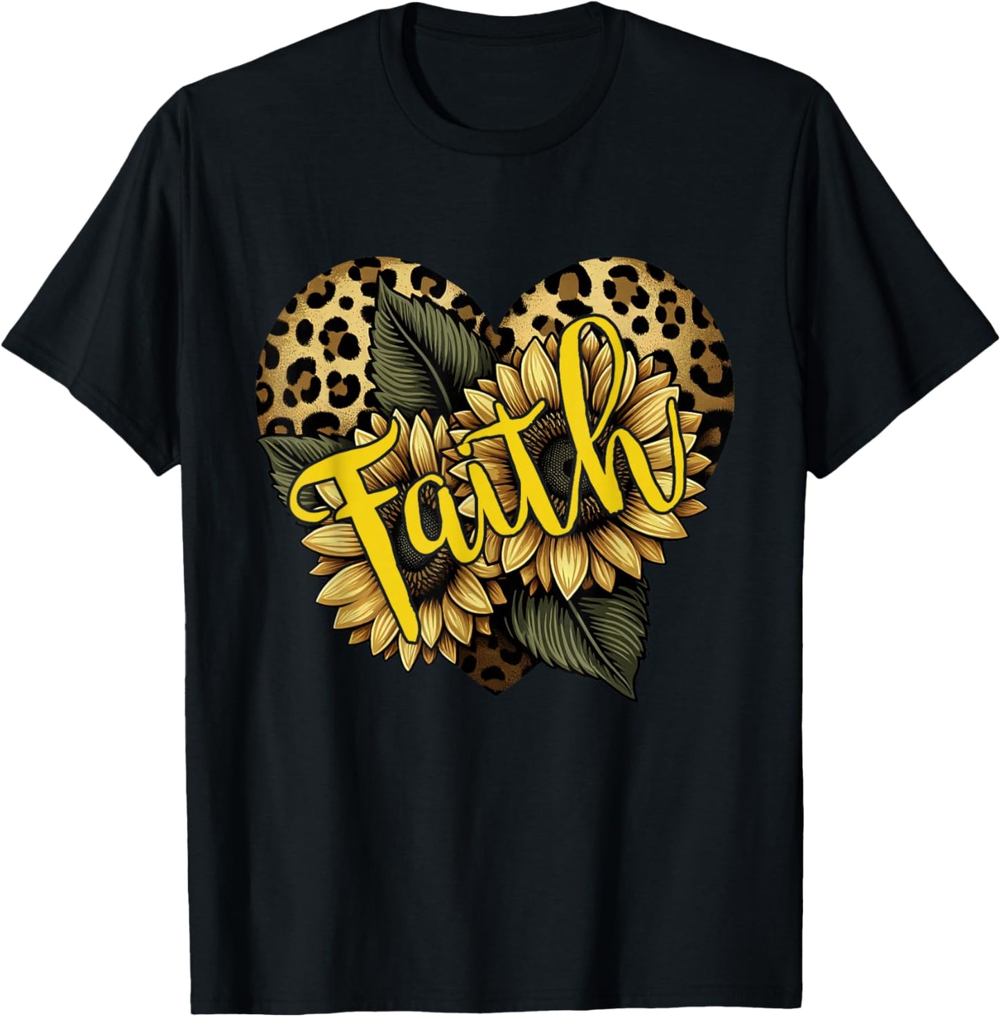 Faith Leopard Cheetah Print Heart Sunflower Christian Faith T-Shirt - T-Shirt | Black