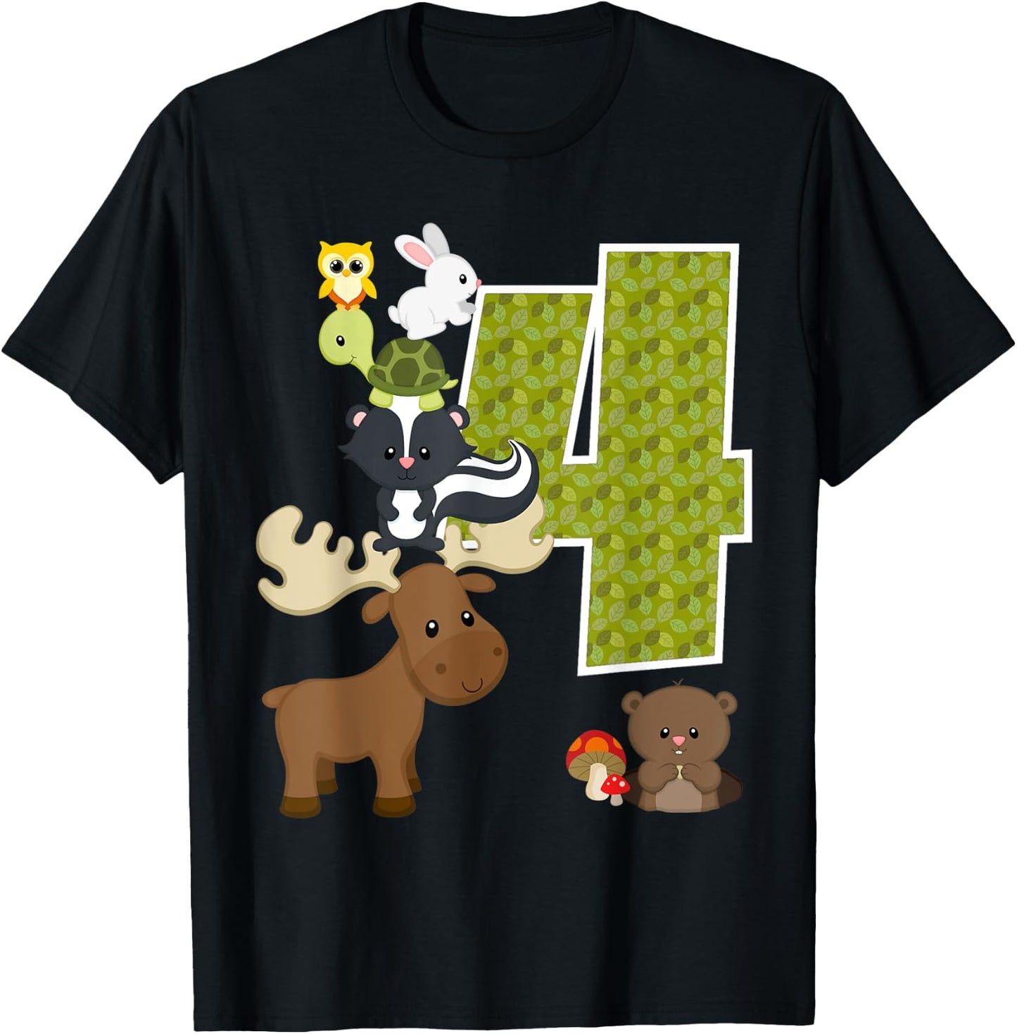 Forest Woodland Animals 4th birthday Party 4 Year Old T-Shirt - T-Shirt | Black