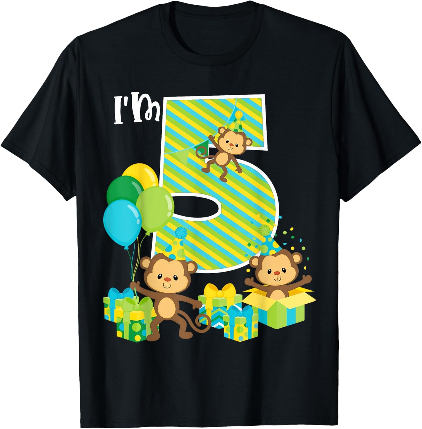 Birthday Monkey 5th Birthday Party Five Year Old Kid Toddler T-Shirt - T-Shirt | Black