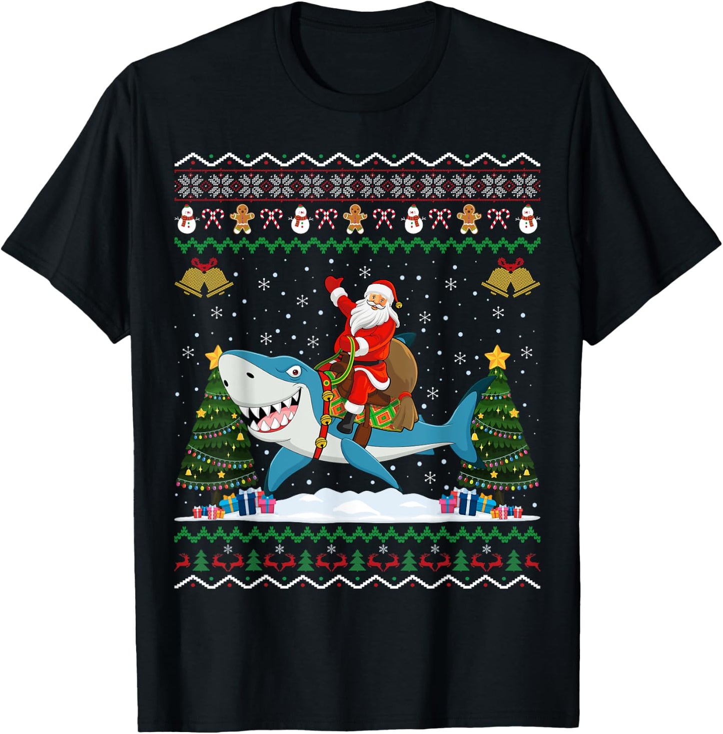 Shark Ugly Xmas Gift Santa Riding Shark Christmas T-Shirt - T-Shirt | Black