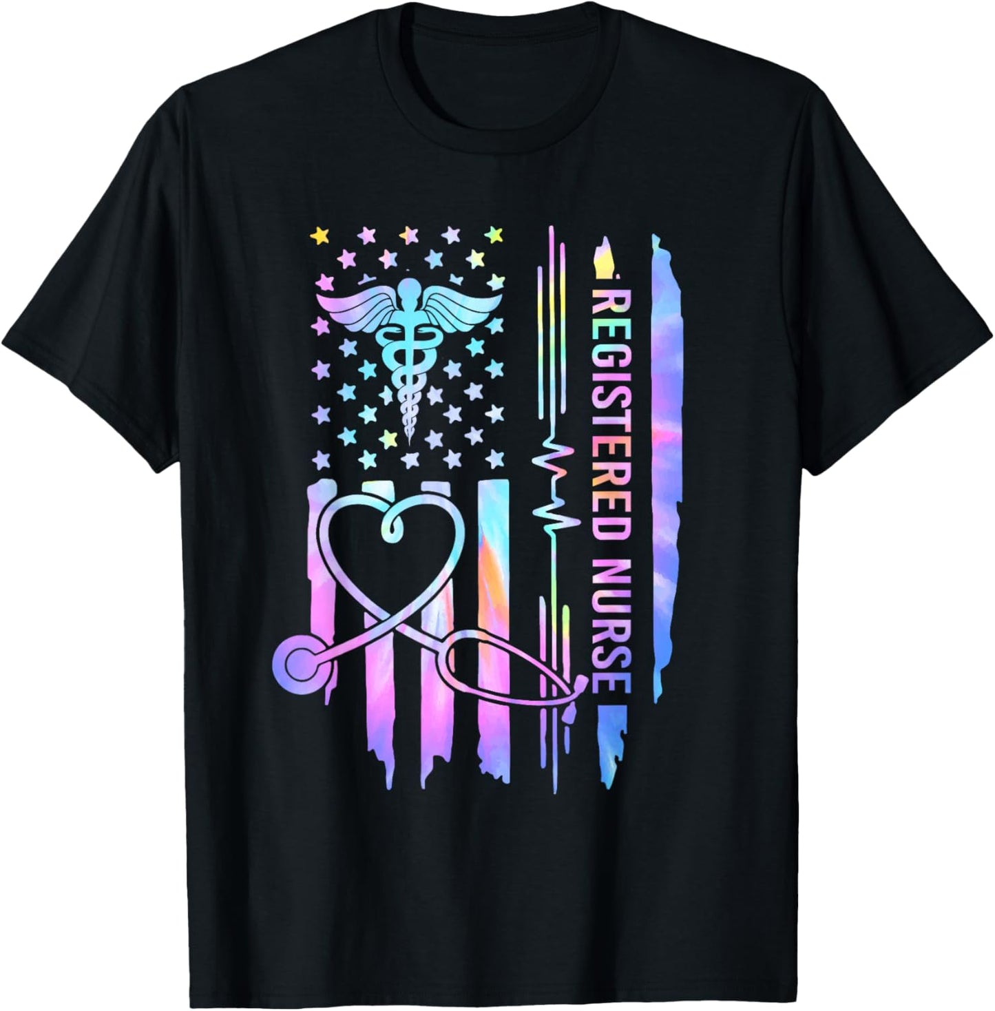 Tie Dye Registered Nurse RN EKG Stethoscope Nursing USA Flag T-Shirt - T-Shirt | Black