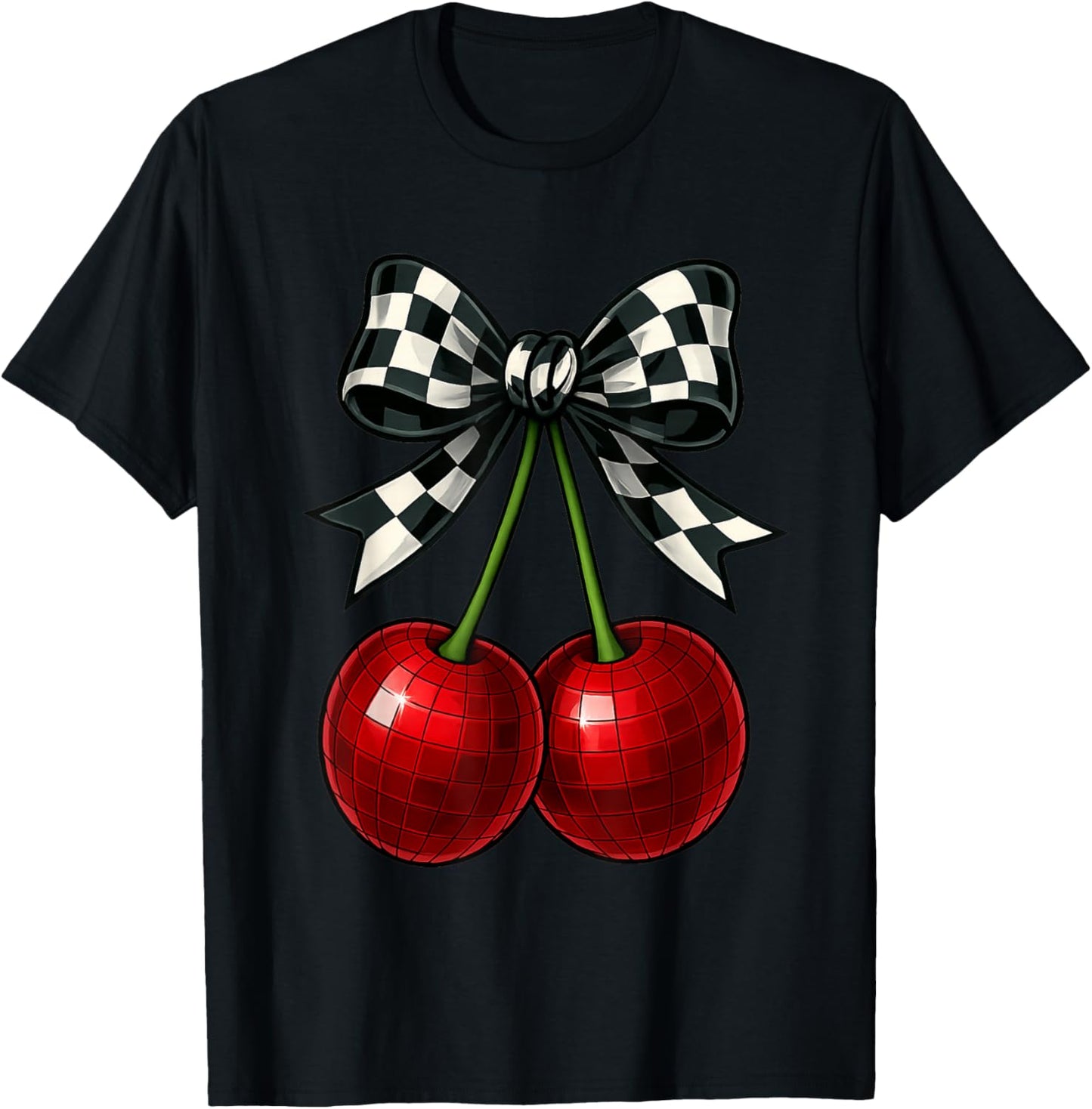 Coquette Cherry Checkered Ribbon Bow Women Girls T-Shirt - T-Shirt | Black