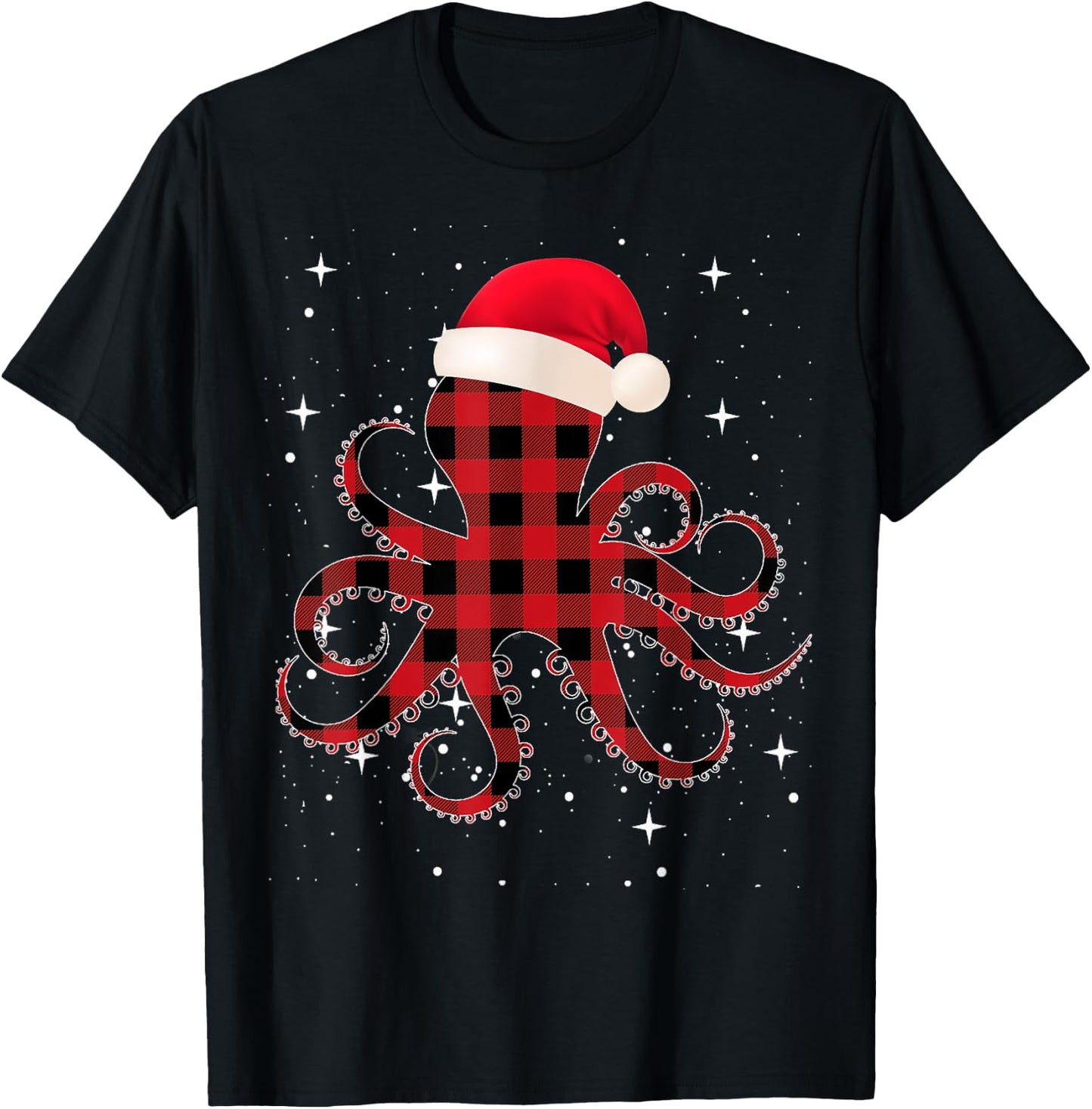 Pajamas Red& Black Plaid Flannel Christmas Octopus Santa Hat T-Shirt - T-Shirt | Black