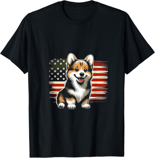 Pembroke Welsh Corgi American Flag USA Flag T-Shirt - T-Shirt | Black