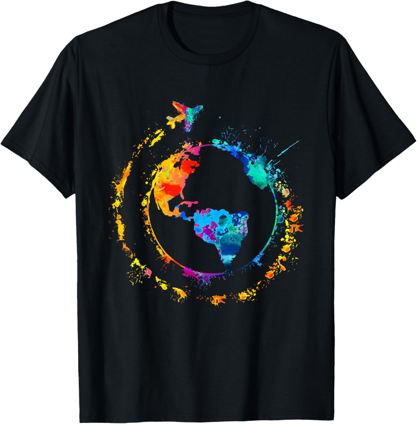 Artistic Earth Watercolor Travel World Traveling Colorful T-Shirt - T-Shirt | Black
