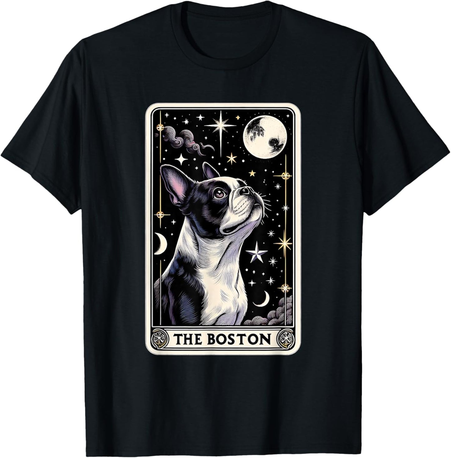 Boston Terrier Tarot Card Star with the Moon Men Women Kids T-Shirt - T-Shirt | Black