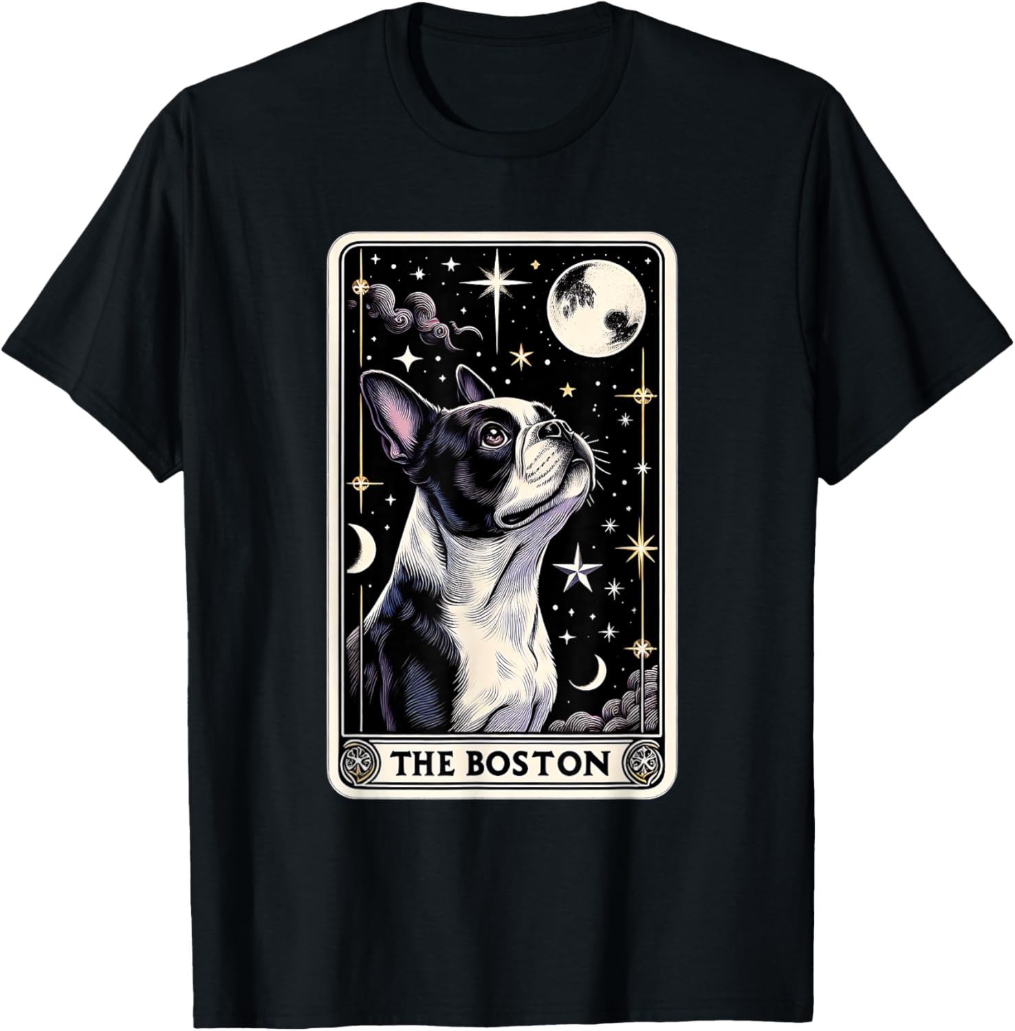 Boston Terrier Tarot Card Star with the Moon Men Women Kids T-Shirt - T-Shirt | Black